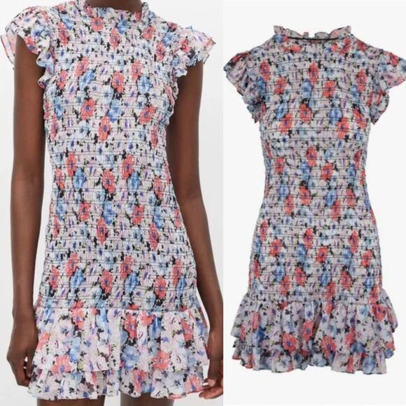 Veronica Beard Cici Mini Dress US 6 Colorful Floral Smocked Ruffle Celeb Style - Picture 12 of 12